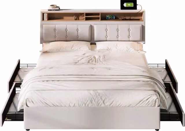 Letto Matrimoniale Moderno con 4 Cassetti e Porte USB/Tipo C, Testiera Regolabile e Ripiani, Colore Beige, L/P/H: 140 x 200 x 104 cm
