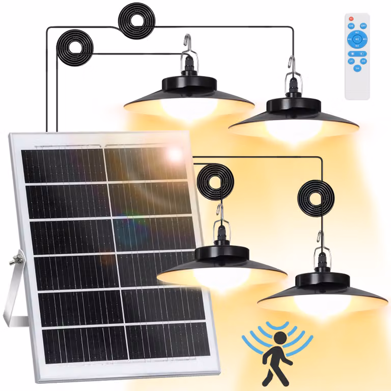 Lampada solare a LED con sensore di movimento, lampada a sospensione bianco caldo IP65, lampada da giardino dimmerabile con timer e 5 modalità, per balconi e gazebo (4 lampade)