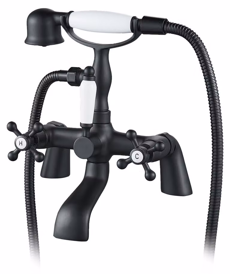 Miscelatore per vasca da bagno con doccetta manuale, stile vittoriano, colore nero, con apertura a 1/4 di giro
