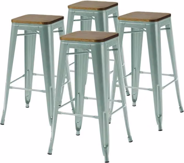 Oviala - Set di 4 sgabelli da bar in metallo opaco grigio-verde e legno