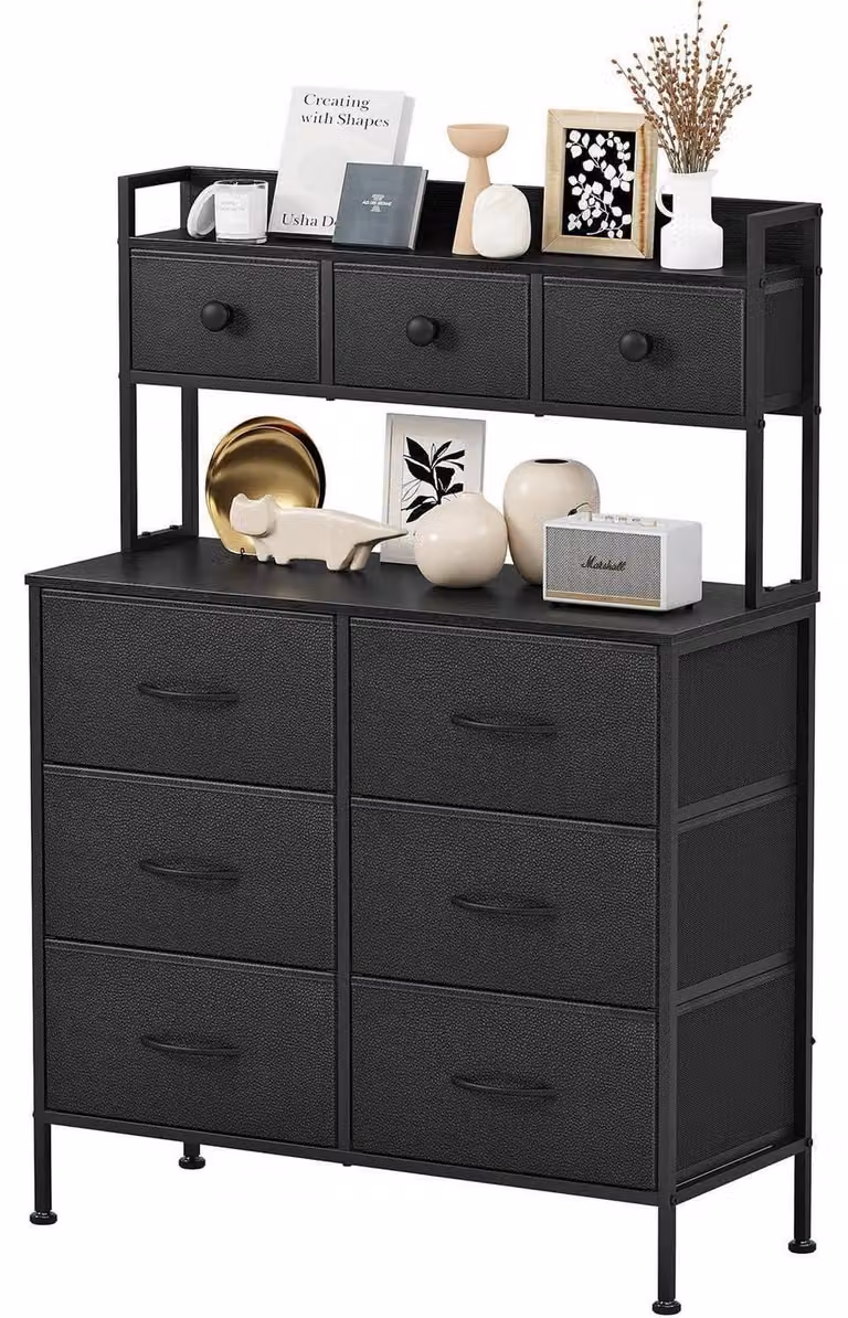 Comodino con 9 cassetti, piano in legno nero, cassetti rivestiti in tessuto, dimensioni 85x35x130 cm