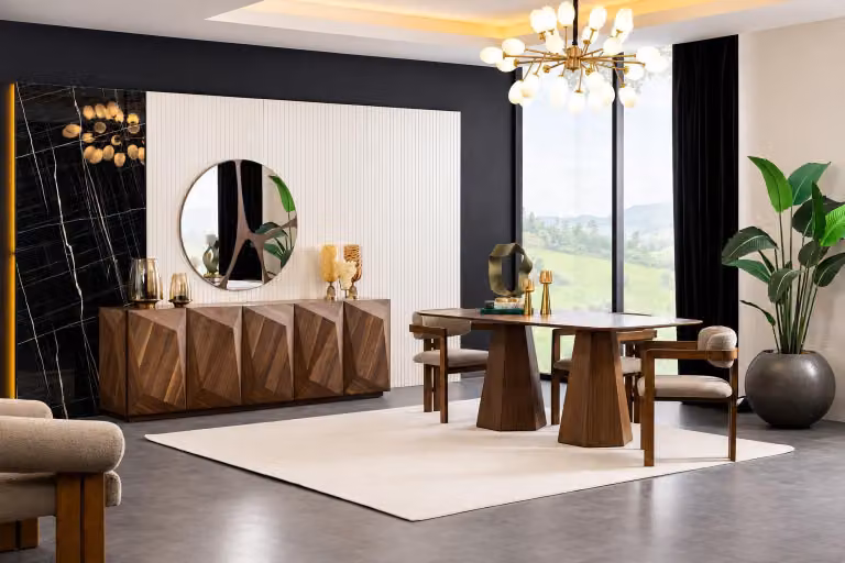 Set elegante per sala da pranzo: tavolo da cucina di design, poltrone imbottite, credenza