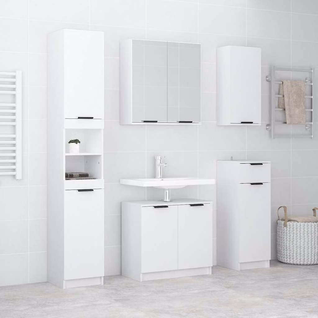vidaXL Set di Mobili da Bagno Minimalista Bianco in Legno e MDF composto da Armadio Alto, Armadio Laterale, Armadio con Specchio e Armadi a Parete