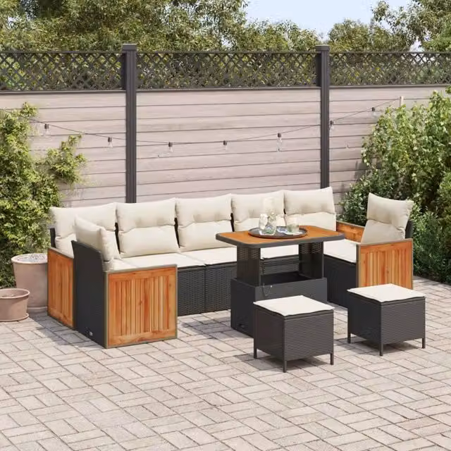 Set Divano da Giardino 10 pz 10-Numero di posti Nero e Crema 3363160