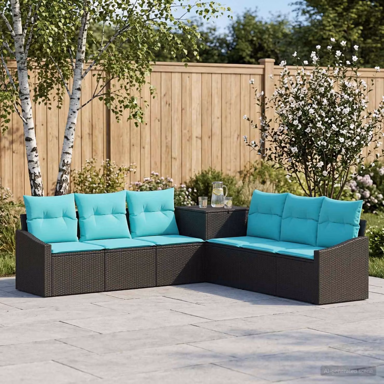 Set di divani da giardino vidaXL 7 pz in rattan e acciaio nero e blu con cuscini inclusi