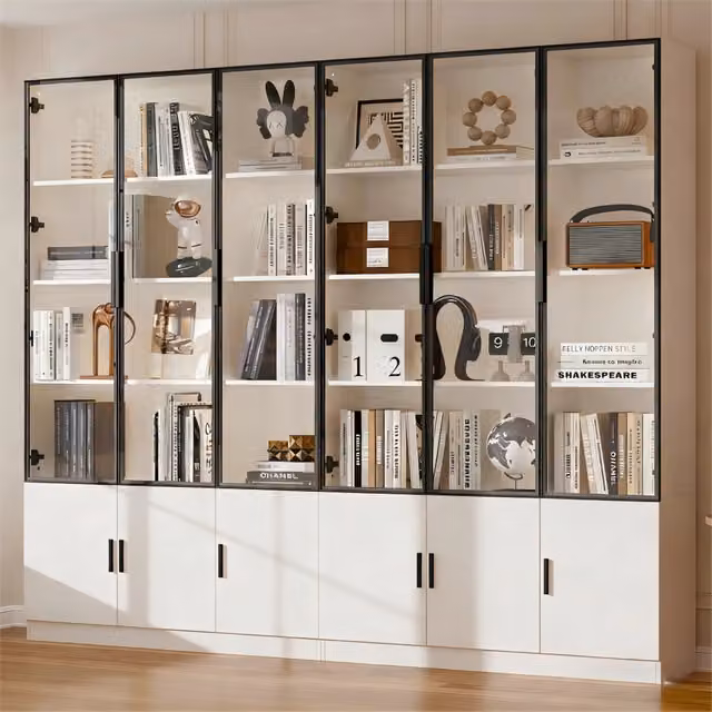 Vetrina con 12 ante in vetro LED controllabile tramite app in MDF bianco per soggiorno 240 × 32 × 200 cm