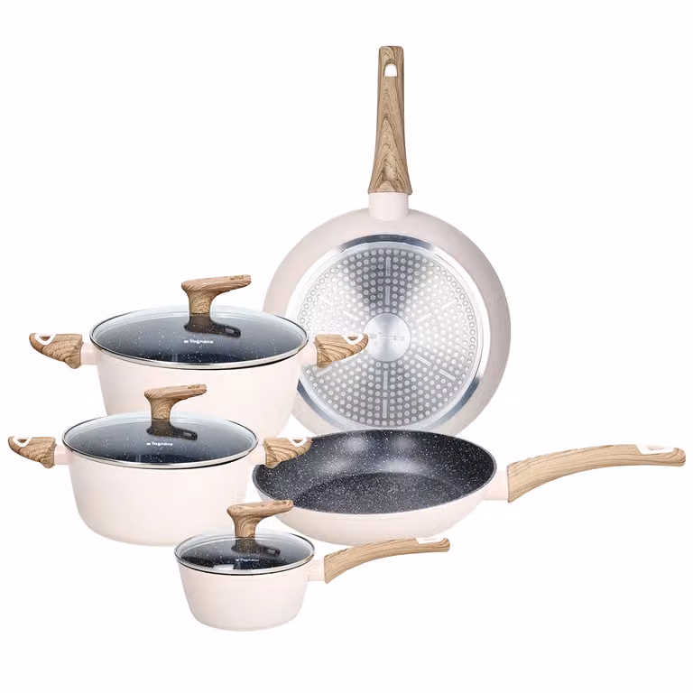 Set di pentole e padelle Tognana Linea Vanilla da 8 pezzi in alluminio con rivestimento antiaderente e coperchi in vetro, colore beige