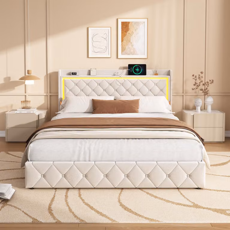 Letto matrimoniale 140 x 200 cm, spazio contenitivo, testiera con ripiani, illuminazione a LED, porta USB-C, rivestimento in velluto, beige