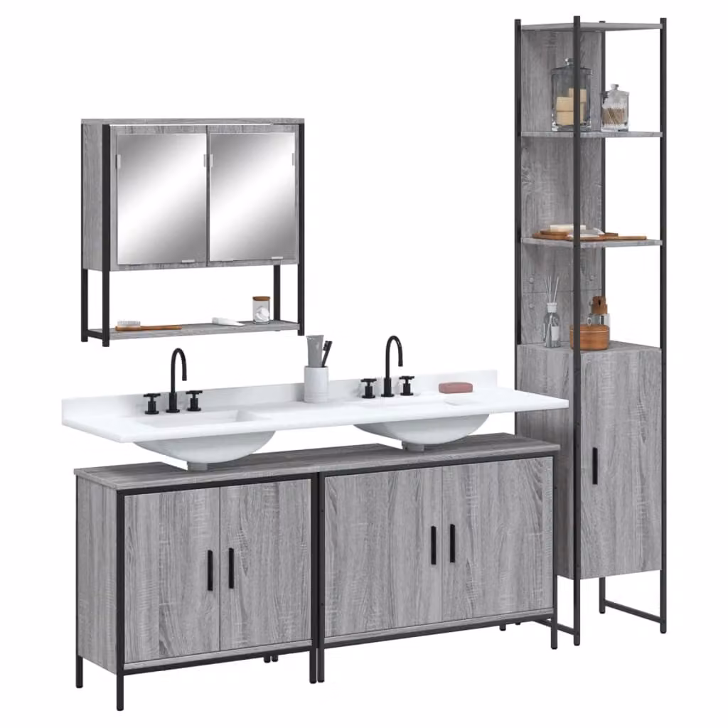 Set di mobili da bagno moderno vidaXL in legno e metallo grigio opaco composto da armadietto con specchio, mobile lavabo e colonna alta