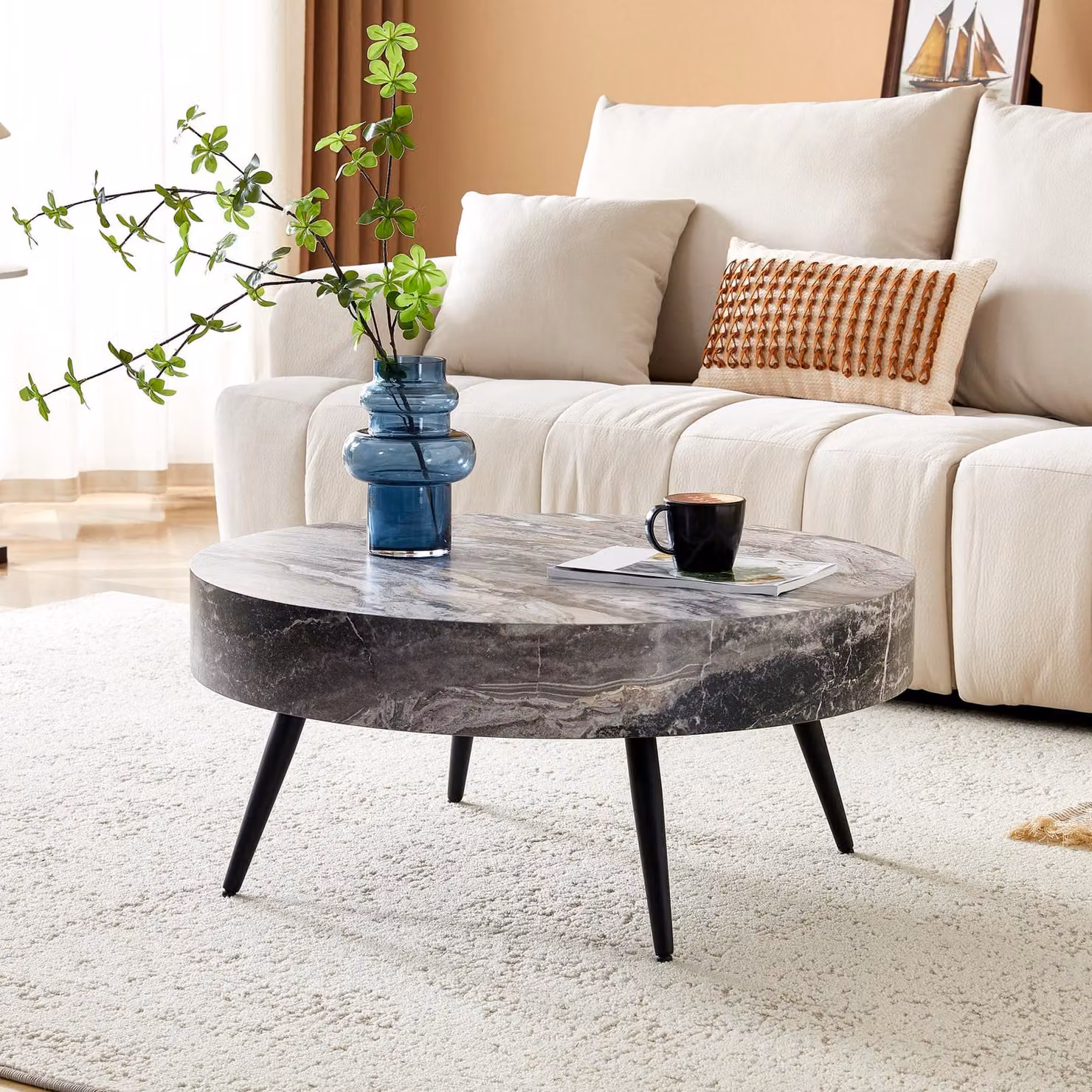 Tavolino rotondo, diametro 70 cm, aspetto marmo, struttura in MDF, gambe in metallo, design minimalista (nero, grigio)