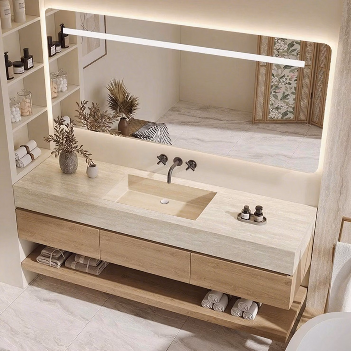 Set lavabo sospeso - Pietra sinterizzata - Effetto travertino, con specchio, mobile sottolavabo, ripiano e scarico, senza foro per rubinetteria 150×55 cm【YT9865-150 BKK】