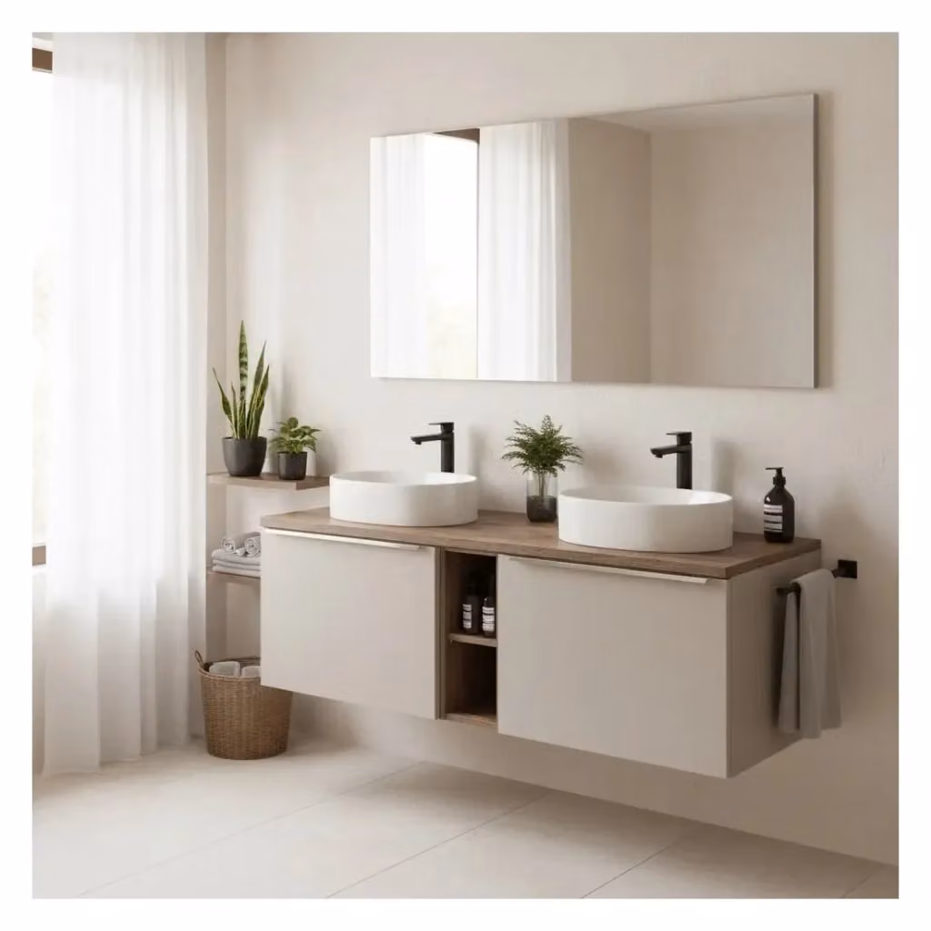 Set da bagno Meublorama VANTA color beige: mobile sottolavabo sospeso con piano e larghezza 140 cm – 2