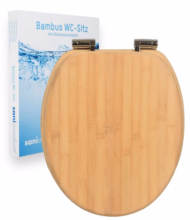 Sedile WC Sanicomfort in bambù con chiusura ammortizzata | Sedile WC in vero legno | Chiusura ammortizzata | Antibatterico, resistente, ovale, universale | Cerniere in acciaio inossidabile – light