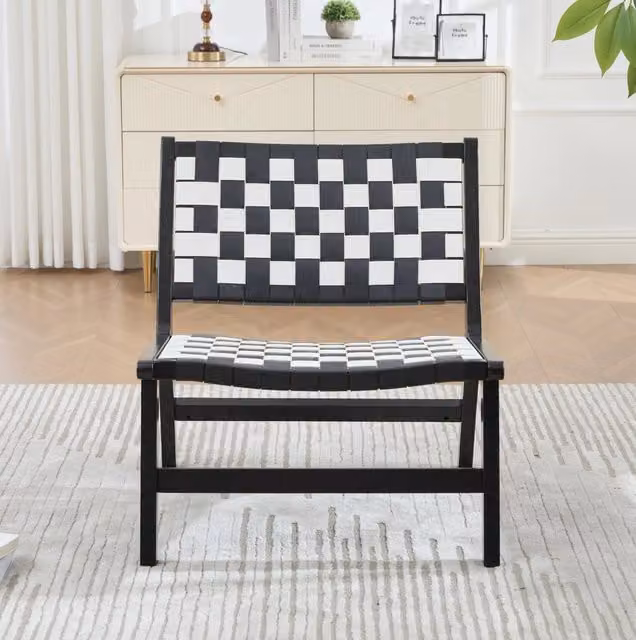 Sedia moderna in stile industrial con intreccio in PU e struttura in legno, 71x66x72 cm, nero-bianco