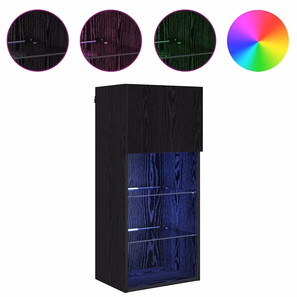 Set di 2 mobili porta TV a parete HELLOSHOP26 in legno composito nero con illuminazione LED integrata e design minimalista L/P/H: 40,5 x 30 x 90 cm – 2