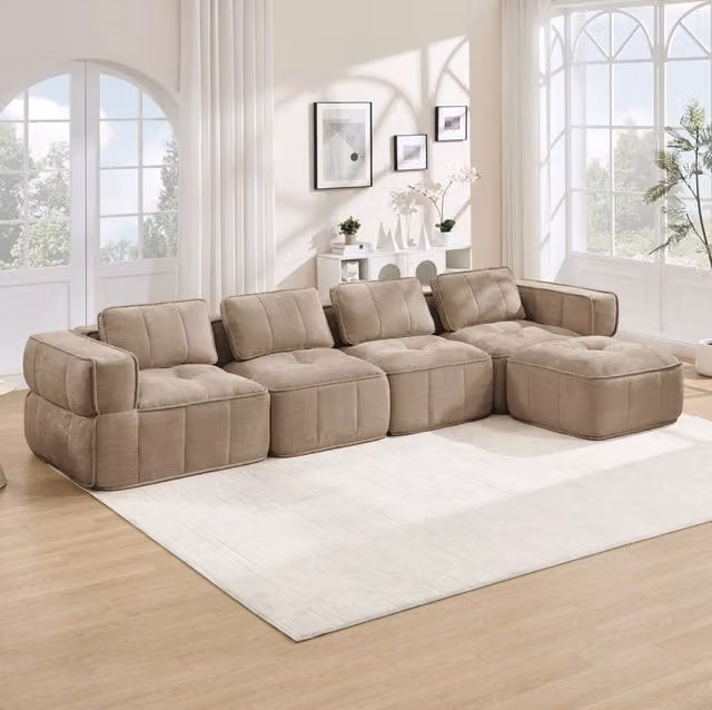 Divano modulare angolare con pouf 344x162x67 cm in poliestere; color sabbia