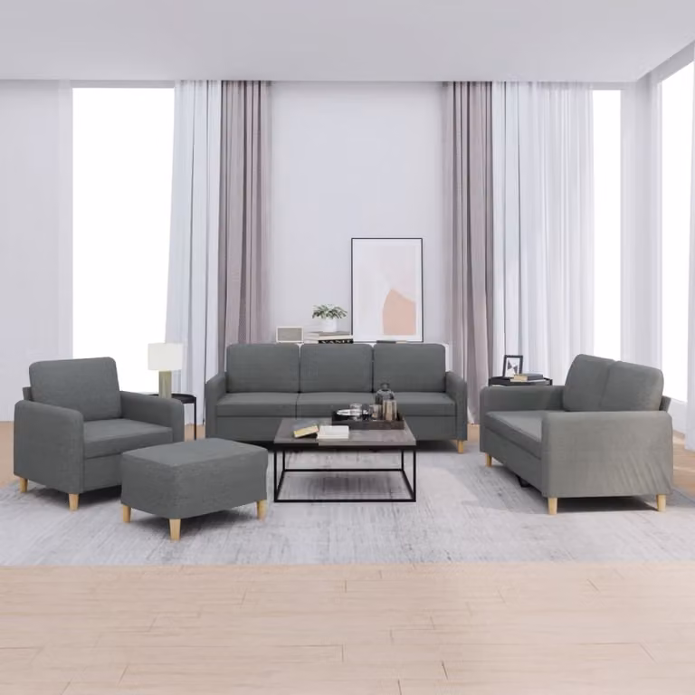 Set di divani moderno vidaXL in tessuto grigio composto da un divano a 3 posti, un divano a 2 posti, un pouf e cuscini per il soggiorno