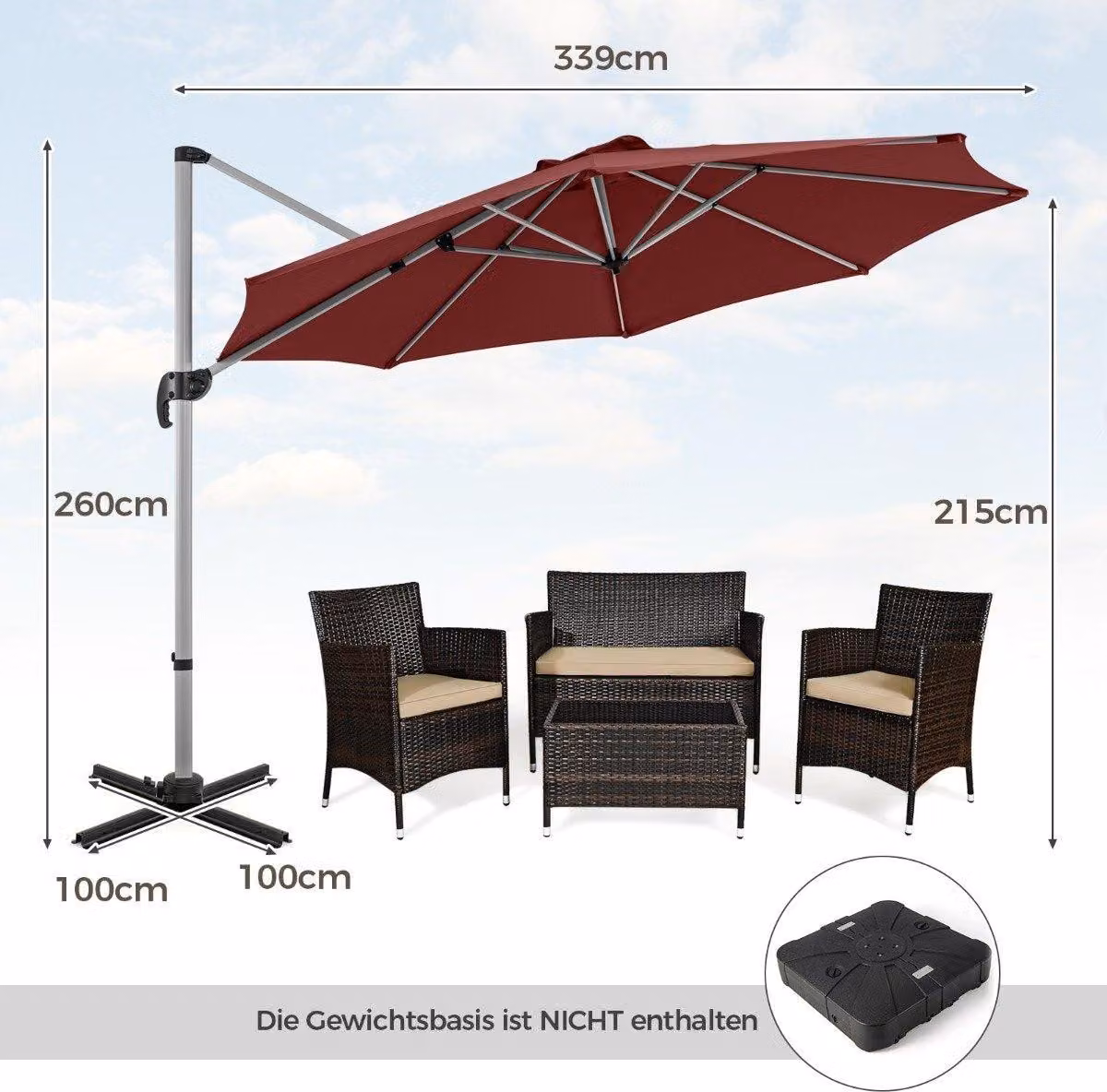 Ombrellone Ø 330 cm con manovella & UPF 50+ e Ombrellone da giardino a sbalzo girevole a 360° rosso