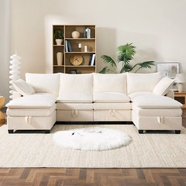 Divano modulare 6 posti beige in velluto a coste; configurazione a L o U; 2 pouf; USB; 280 x 151 x 82 cm