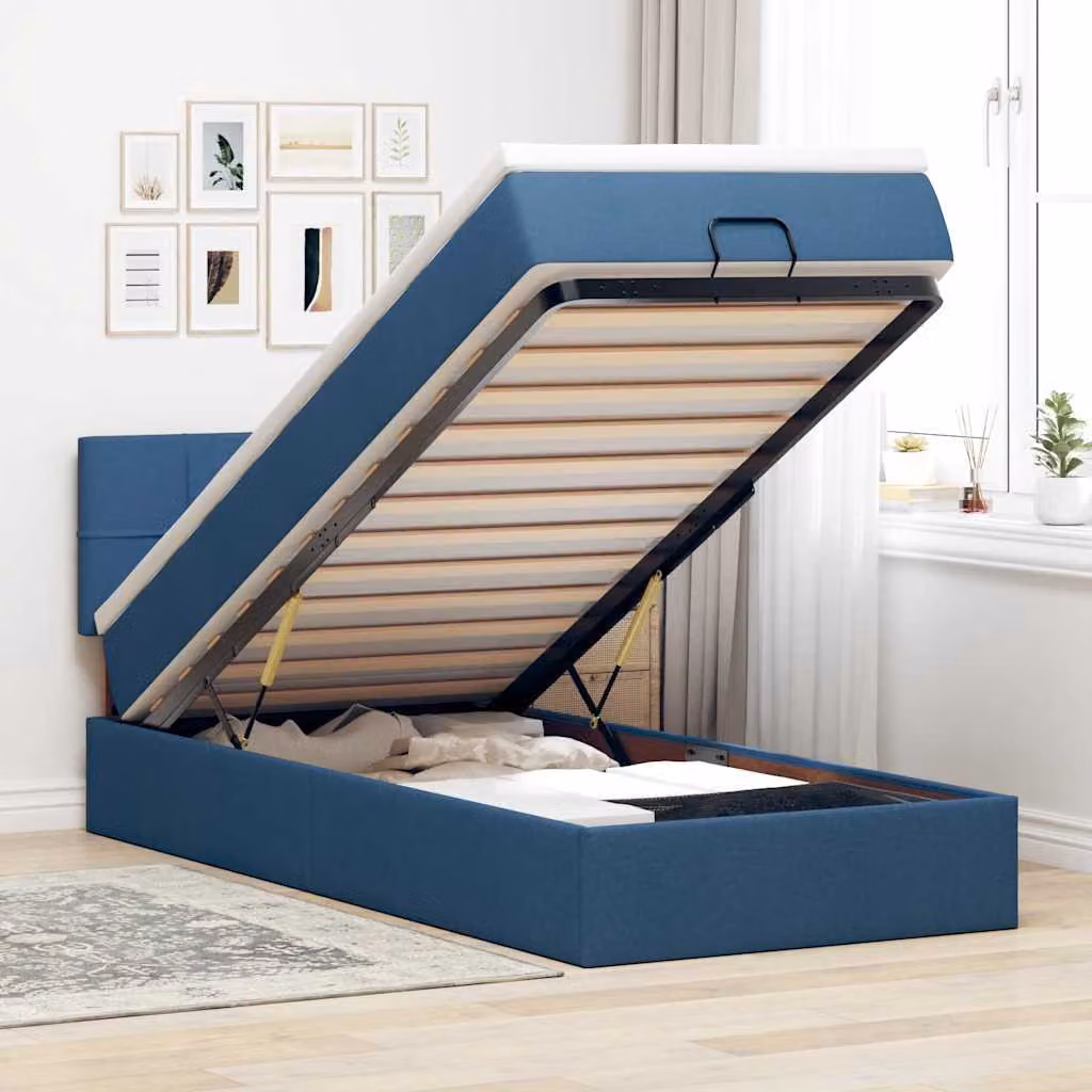 Pouf Letto con Materasso vidaXL, Colore Blu e Bianco, con Illuminazione LED Sotto il Letto e Porta di Ricarica USB, L/P/H: 203 x 140 x 88 cm