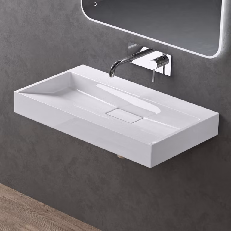 doporro Lavabo da Appoggio Bagno Sospeso Lavandino Rettangolare in Marmoresina con Piletta di Scarico Inclusa Colossum19, 80x46x11 cm Bianco Lucido Senza Foro per Rubinetto