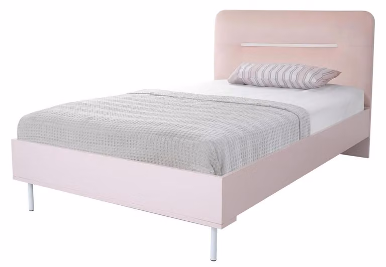 Letto bianco-rosa, con testiera imbottita, ideale per una camera da letto moderna per adolescenti, perfetta per una cameretta per ragazze