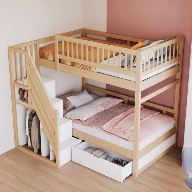 Letto a castello moderno REDOM per bambini in legno e MDF con scala e cassetti, Bianco e Grigio, L/P/H: 200 x 90 x 173 cm