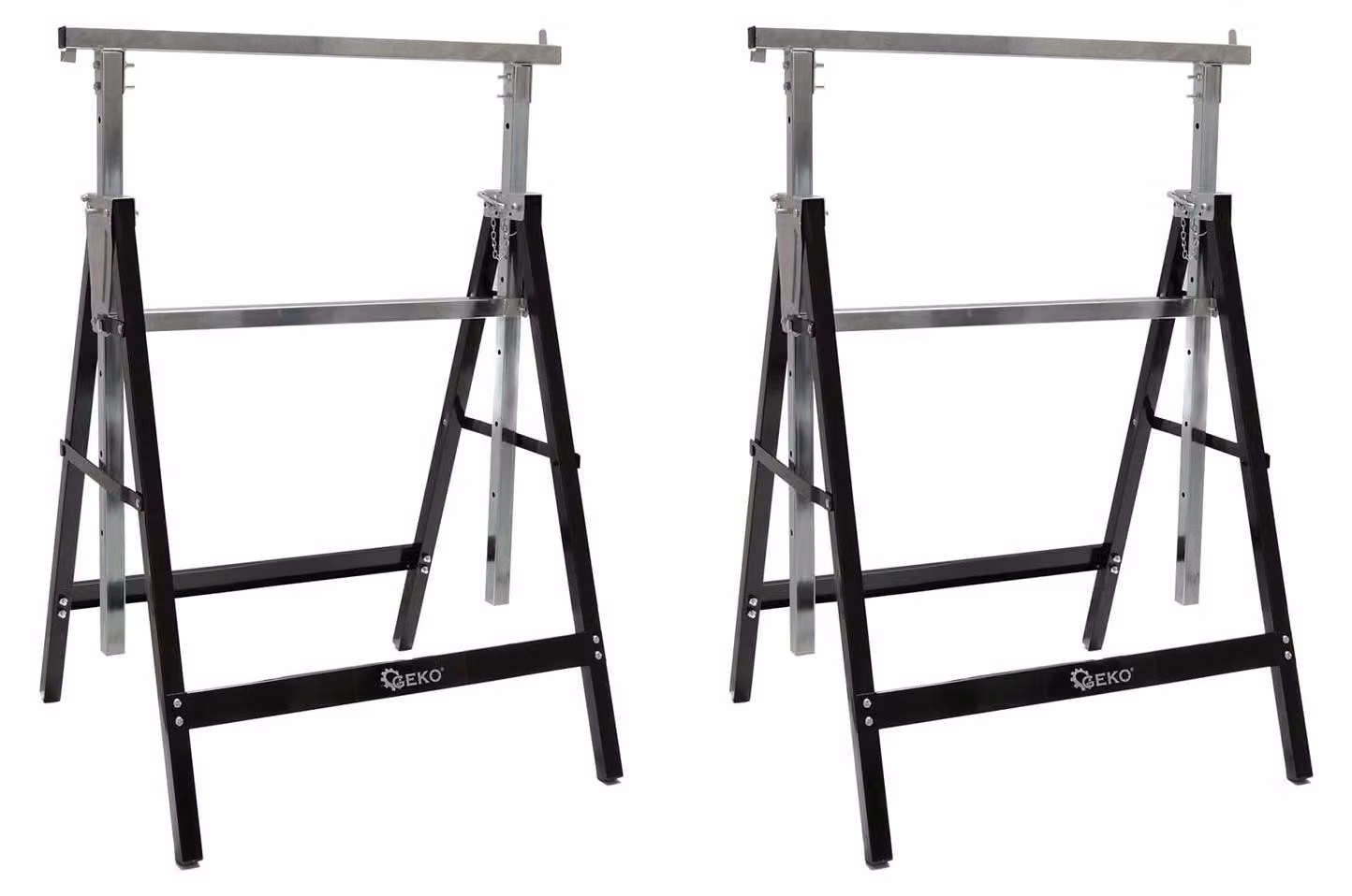 Set-kit 2 cavalletti da lavoro telescopici in acciaio, pieghevoli, altezza regolabile 80–130 cm, salvaspazio per fai da te, garage, giardino, taglialegna, cantiere, Geko