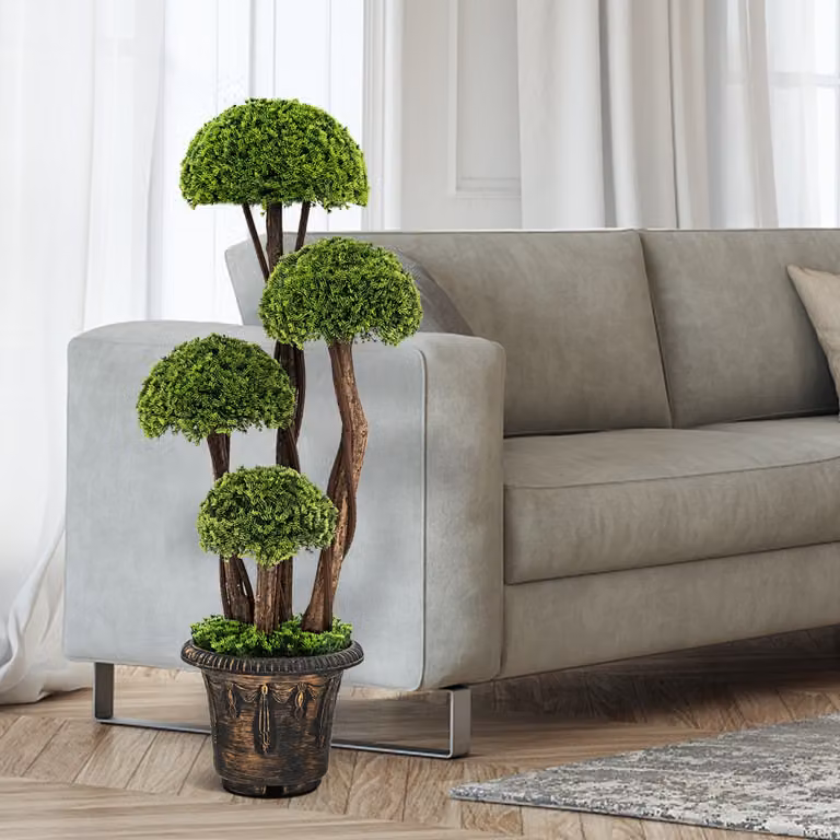 Albero artificiale Cipresso Costway verde con tronco in rattan e vaso in cemento, Altezza: 90 cm