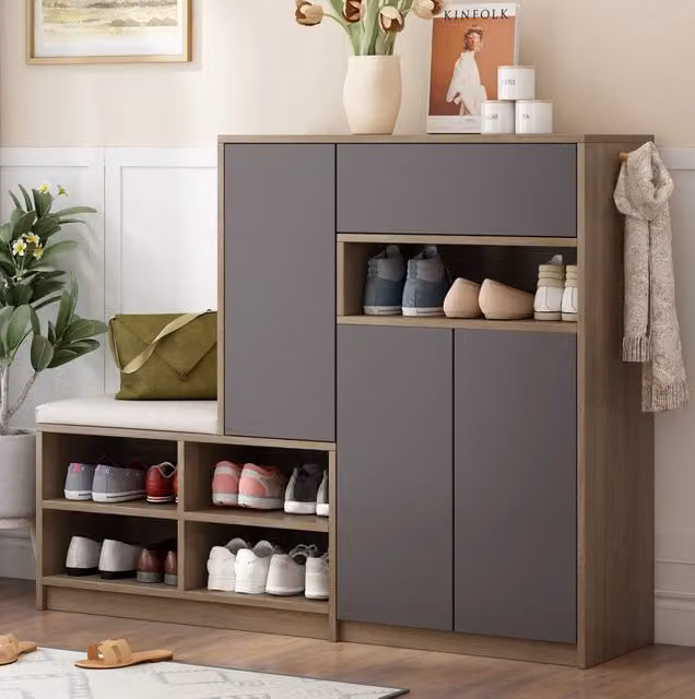 Scarpiera con panca imbottita 140x35x110 cm in pannello truciolare grigio