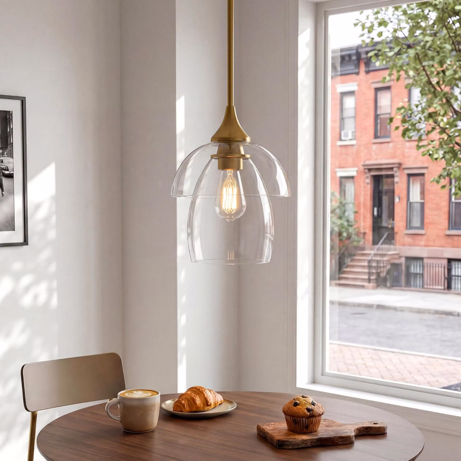 Lampada a sospensione dorata, moderna lampada a pendolo con doppio paralume in vetro, senza lampadina, lampada a sospensione regolabile in altezza, attacco E27, ideale per la tavola da pranzo