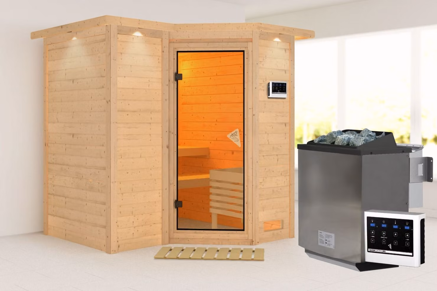 Sauna Karibu Sahib 1 bordo tetto 40mm + stufa9kW porta classica esterna