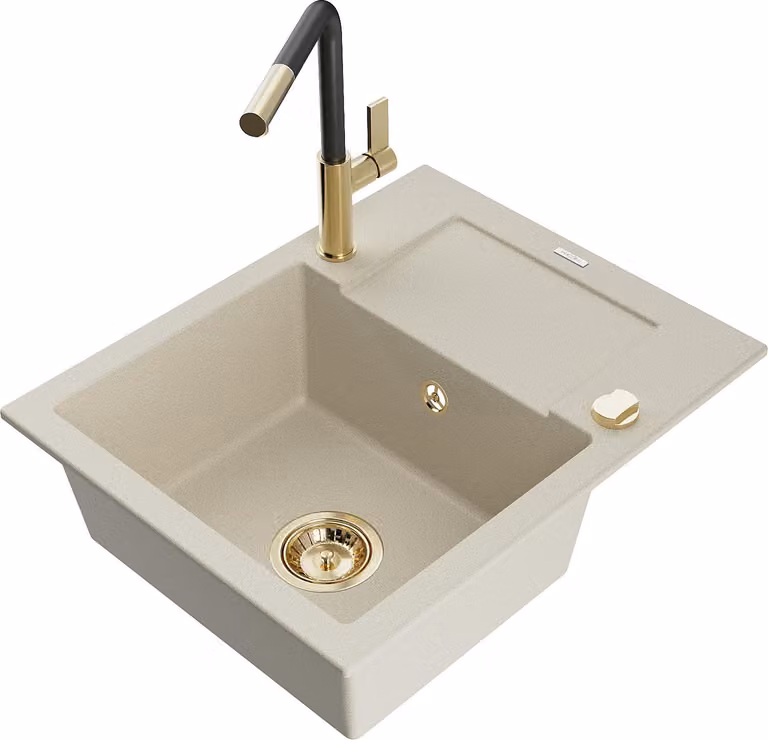 Mexen Enzo lavello da cucina in granito a 1 vasca con sgocciolatoio e rubinetto da cucina Flora, beige - 6506-69-670401-57-G