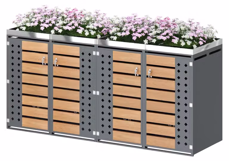 Contenitore per bidoni della spazzatura Moonbite con quattro ante e fioriera, armadietto per bidoni con sistema di ventilazione a rombi e pannelli effetto legno, acciaio inossidabile, colore grigio