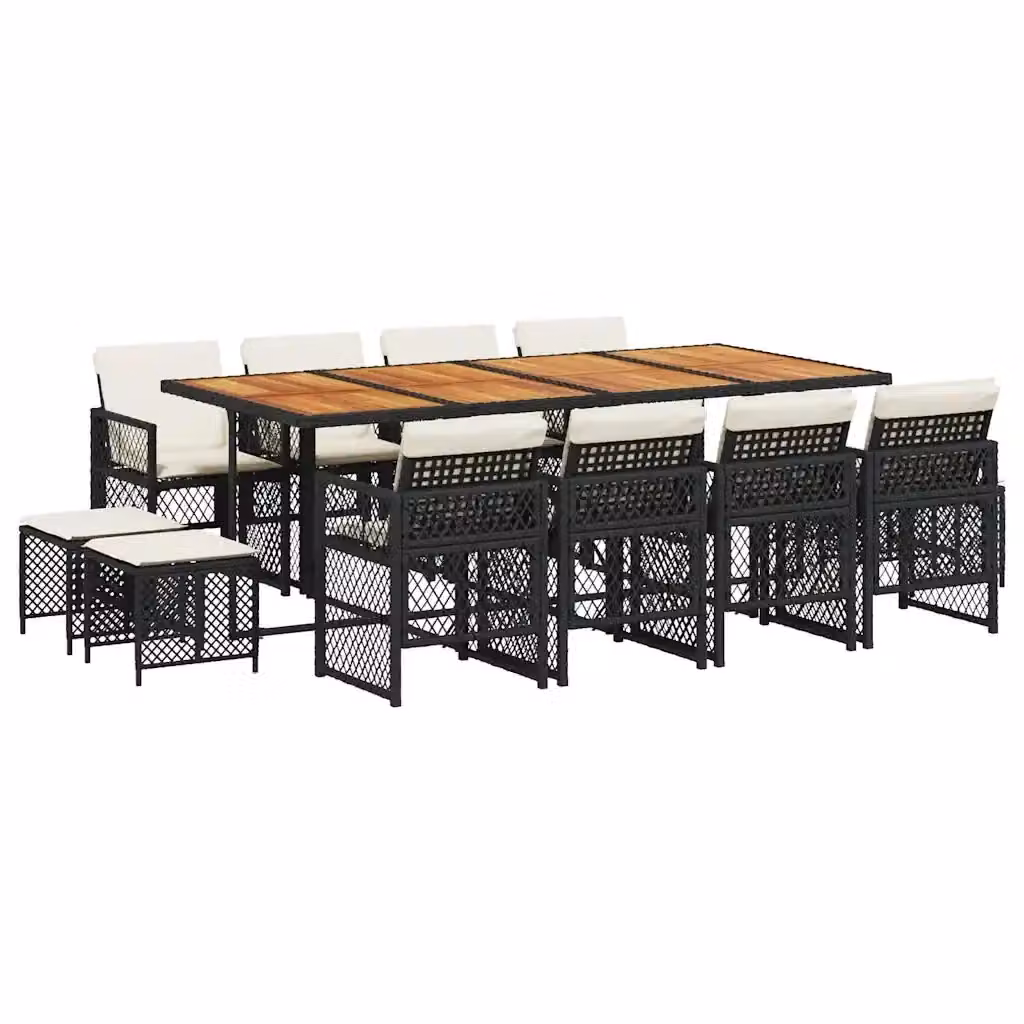 vidaXL Set da Pranzo da Giardino 13pz in Polyrattan e Legno di Acacia con Cuscini Nero e Bianco – 2