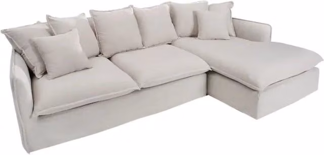 Divano ad angolo Meublorama KALIA bianco, modello moderno a L con angolo a destra, rivestimento in tessuto con copriletti rimovibili e cuscini inclusi
