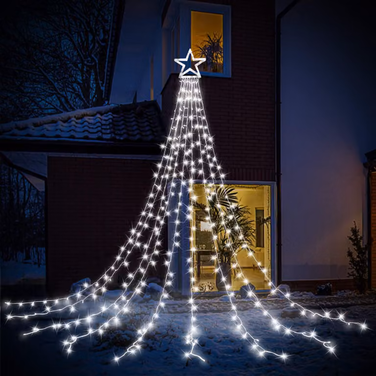 Catena luminosa con 320 LED, lunghezza 30,15 metri, grado di protezione IP44, 8 modalità, timer, colore bianco