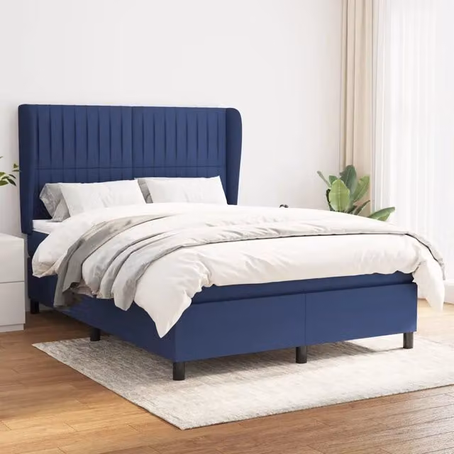 Letto Ibrido vidaXL con Giroletto a Molle e Materasso in Tessuto Blu e Bianco L/P/H: 193 x 147 x 128 cm – 1