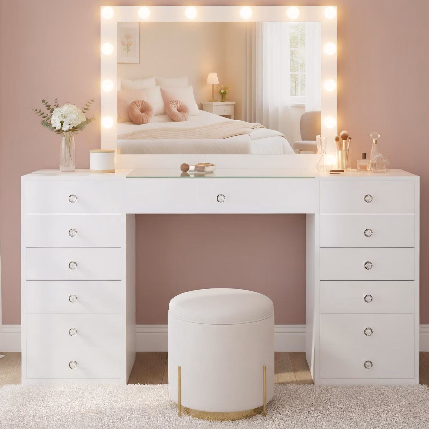 Comò da trucco Attalla con specchio stile Hollywood | Colore: Bianco | Dimensioni: 150x55x155 cm
