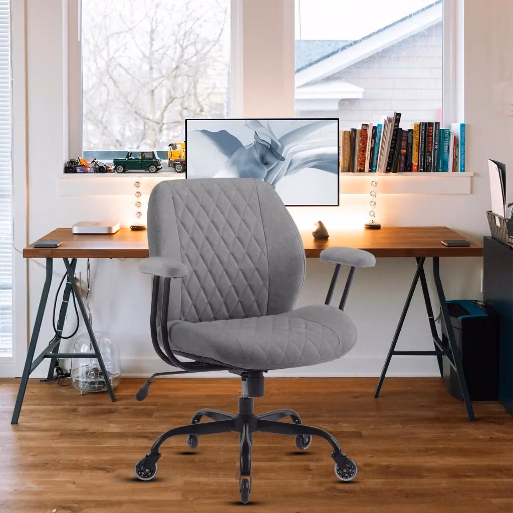 Poltrona ergonomica da ufficio OKWISH in pelle grigia con supporto lombare, braccioli e ruote silenziose, L: 56 cm, P: 58 cm, H: 33 cm – 2