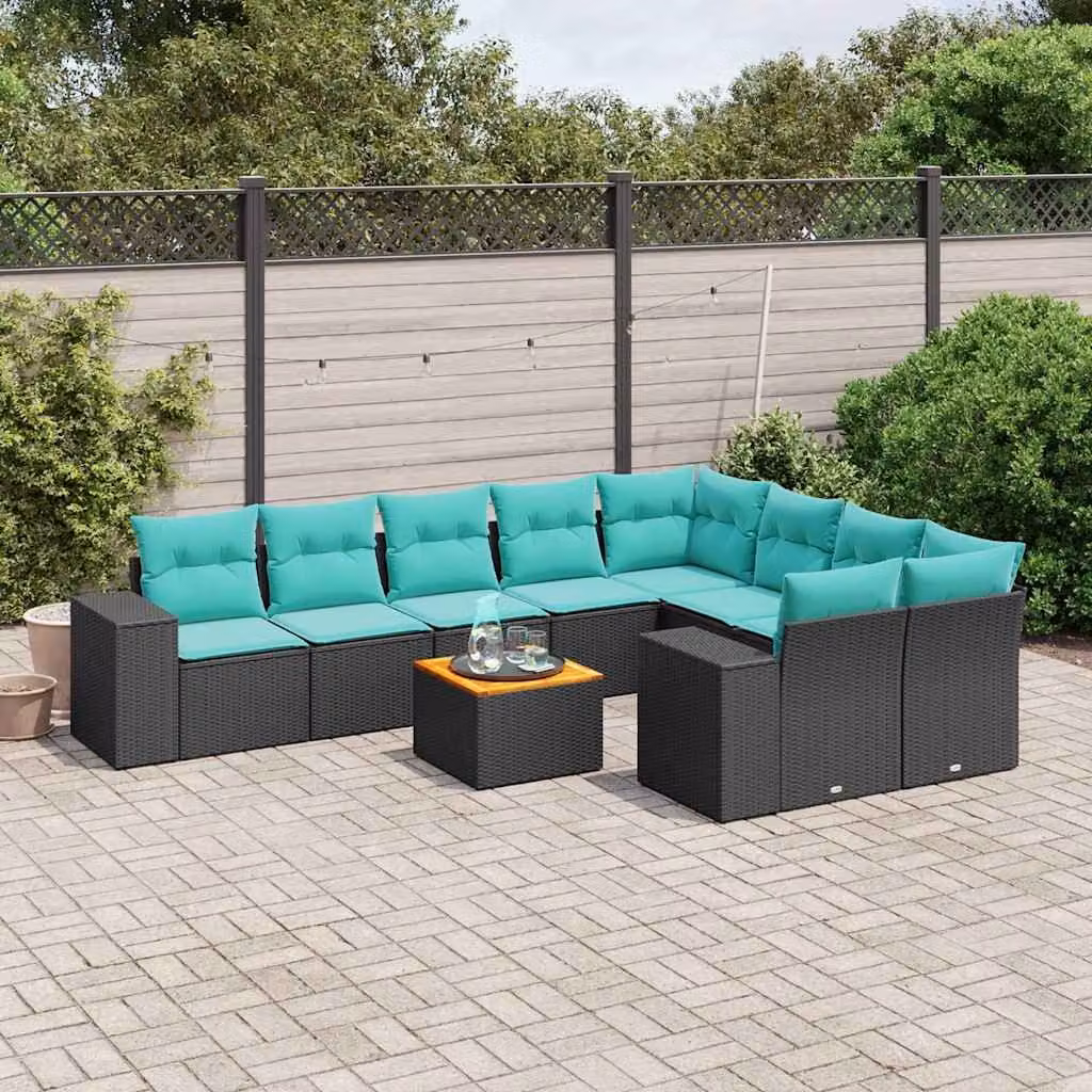 Set Divani da Giardino vidaXL 10 pz in Polyrattan Nero con Cuscini e Tavolino da Esterno a Forma di U