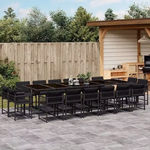 Set da pranzo da giardino vidaXL in polyrattan nero con tavolo in vetro e 17 pezzi con cuscini