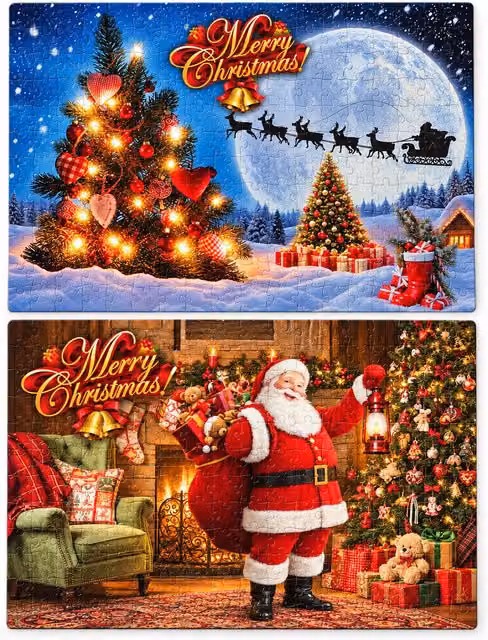 Puzzle di Natale 300 pezzi, 2 soggetti assortiti spediti in modo casuale, scena natalizia con decorazioni festive, in carta, misure 52,5x36,7 cm