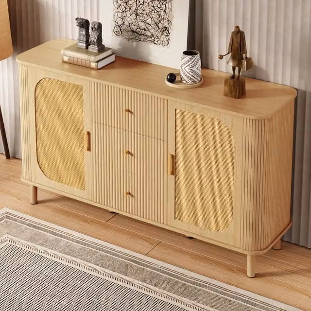 Madia con 2 ante in rattan e cassetti ondulati in MDF naturale con gambe in metallo effetto legno 140 × 40 × 80 cm