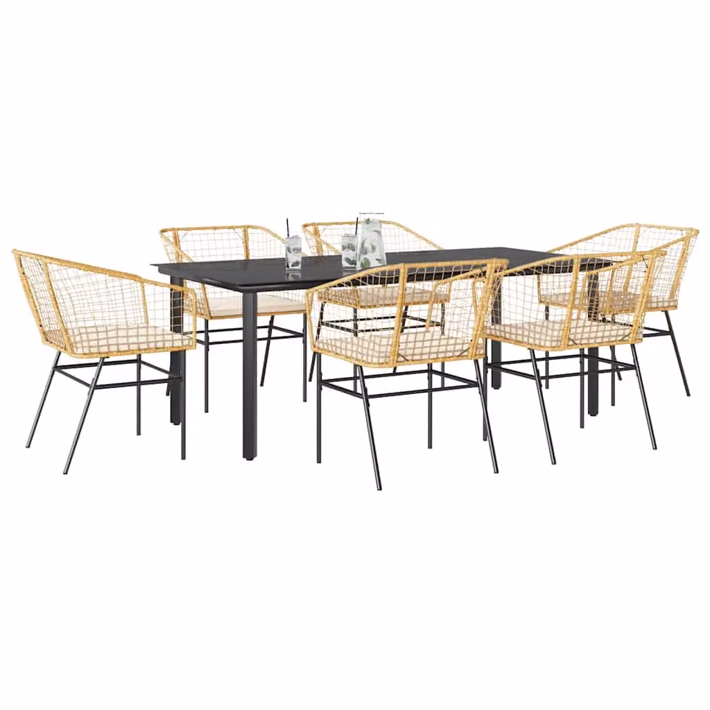 Set da pranzo da giardino vidaXL in polyrattan marrone con tavolo in vetro e 7 pezzi con cuscini