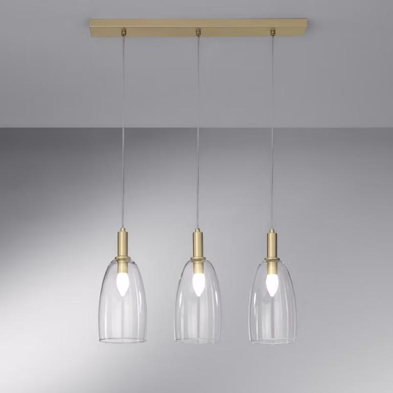 Lampada a sospensione BRANDY con superfici dorate e tre diffusori in vetro soffiato a mano