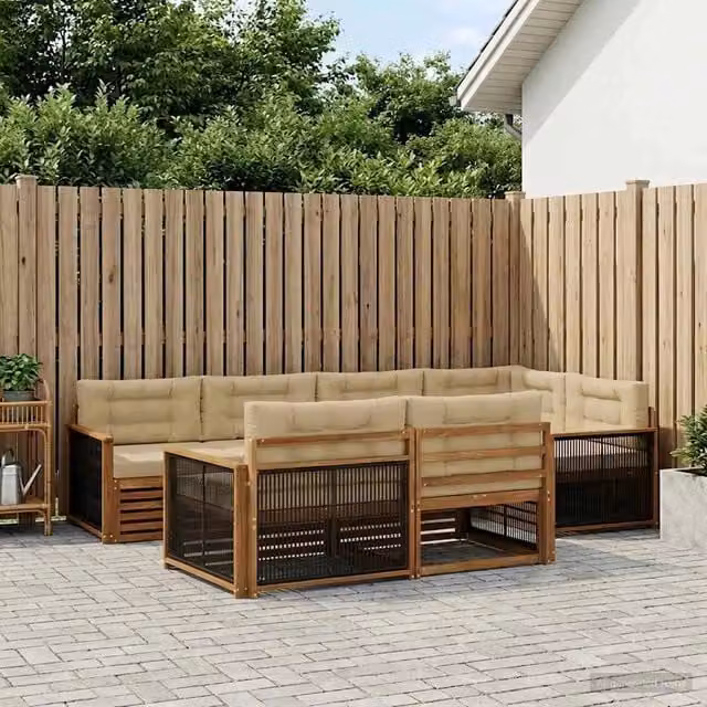 Set di divani da esterno vidaXL a forma di L composto da 7 pezzi in legno di acacia con cuscini beige – 1