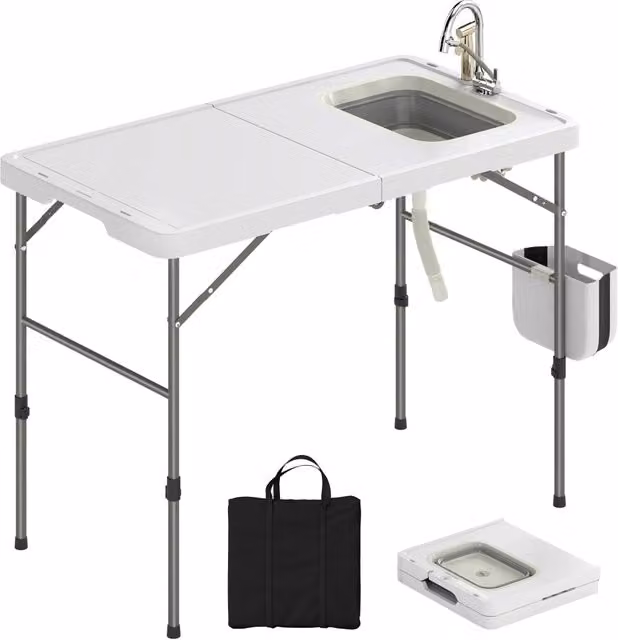 Tavolo da pesca pieghevole e regolabile in altezza Minimal con lavello, colore grigio