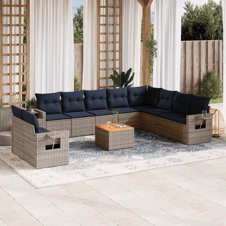 Set di divani da giardino vidaXL in polyrattan da 11 pezzi con cuscini grigi e blu e tavolino coordinato
