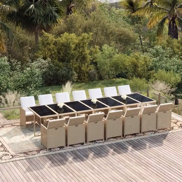 Set da pranzo da giardino vidaXL in polyrattan e vetro con 15 pezzi e cuscini beige – 1